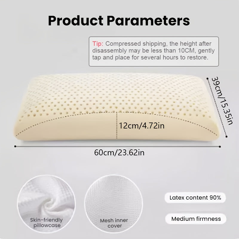 Natural Latex Bread Pillow, Soft & Bouncy with, 90%+ Natural Latex Adult Pillow, 60cm\u002F23.6inch, Classic Bread Structure, with Double-Layer Removable & Washable Skin-Friendly Pillowcase, Neck Pressure, Promotes Deep, Breathable & Non-Stuffy