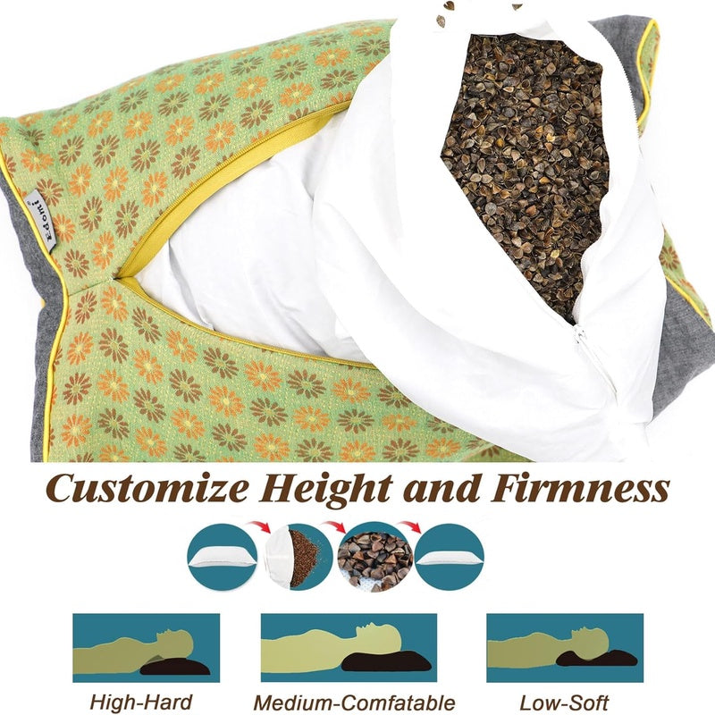 Buckwheat Pillow Cube for Side Sleepers, Pain Relief for Neck Support Adjustable Cervical Pillows, Included Floral Pattern Square Pillow 18x10 Inch, Lemon Yellow