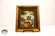 Framed Singerie Monkey Portrait Canvas Painting – Whimsical Animal Art with Gold Frame (14”)